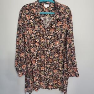 J.Jill Brown Paisley Floral Button Up Long Sleeve Top Sz 3X Boho Peasant Casual